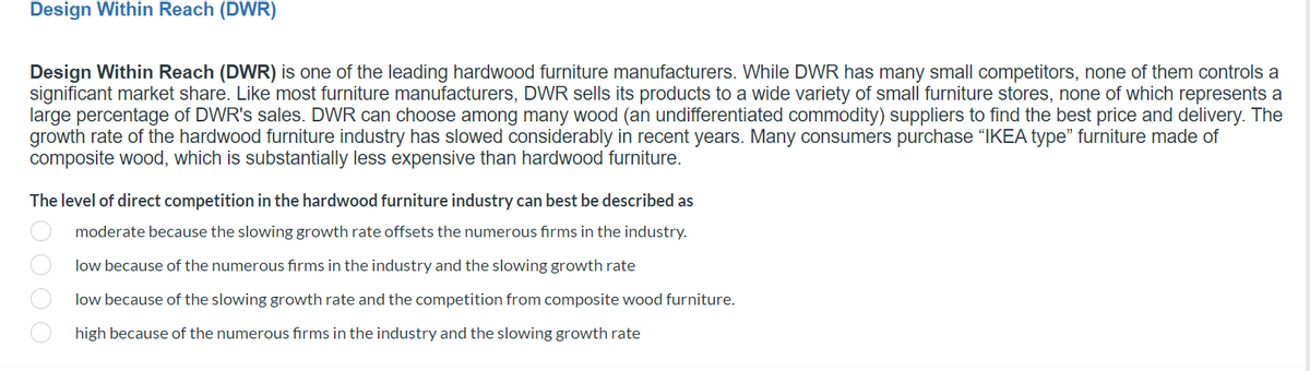 Design Within Reach (DWR)
Design Within Reach (DWR) is one of the leading hardwood furniture manufacturers. While DWR has many small competitors, none of them controls a
significant market share. Like most furniture manufacturers, DWR sells its products to a wide variety of small furniture stores, none of which represents a
large percentage of DWR's sales. DWR can choose among many wood (an undifferentiated commodity) suppliers to find the best price and delivery. The
growth rate of the hardwood furniture industry has slowed considerably in recent years. Many consumers purchase "IKEA type" furniture made of
composite wood, which is substantially less expensive than hardwood furniture.
The level of direct competition in the hardwood furniture industry can best be described as
moderate because the slowing growth rate offsets the numerous firms in the industry.
low because of the numerous firms in the industry and the slowing growth rate
low because of the slowing growth rate and the competition from composite wood furniture.
high because of the numerous firms in the industry and the slowing growth rate
O O O O
