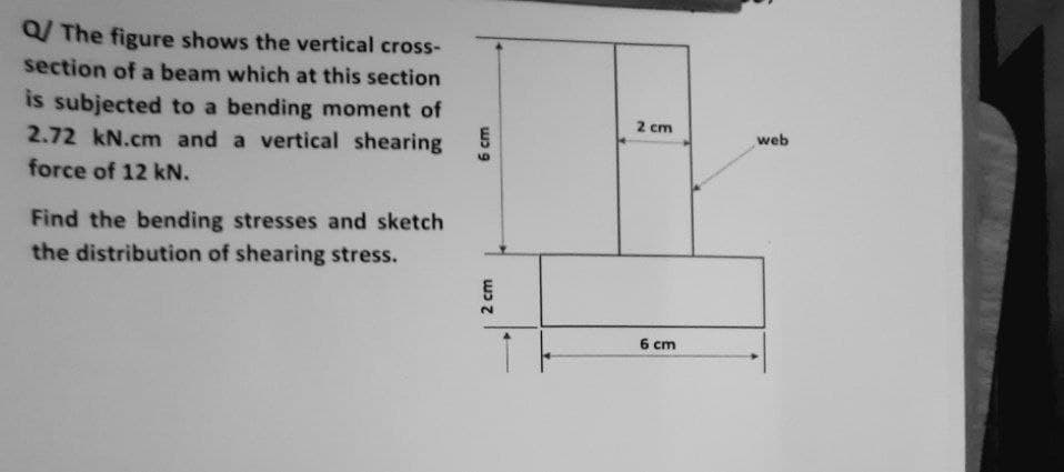 Q/ The figure shows the vertical cross-
section of a beam which at this section
is subjected to a bending moment of
2.72 kN.cm and a vertical shearing
2 cm
web
force of 12 kN.
Find the bending stresses and sketch
the distribution of shearing stress.
6 cm
2 cm
wɔ 9
