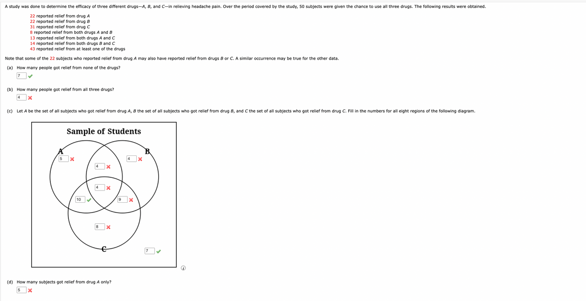 A study was done to determine the efficacy of three different drugs-A, B, and C-in relieving headache pain. Over the period covered by the study, 50 subjects were given the chance to use all three drugs. The following results were obtained.
22 reported relief from drug A
22 reported relief from drug B
31 reported relief from drug C
8 reported relief from both drugs A and B
13 reported relief from both drugs A and C
14 reported relief from both drugs B and C
43 reported relief from at least one of the drugs
Note that some of the 22 subjects who reported relief from drug A may also have reported relief from drugs B or C. A similar occurrence may be true for the other data.
(a) How many people got relief from none of the drugs?
7
(b) How many people got relief from all three drugs?
4
(c) Let A be the set of all subjects who got relief from drug A, B the set of all subjects who got relief from drug B, and C the set of all subjects who got relief from drug C. Fill in the numbers for all eight regions of the following diagram.
Sample of Students
5
×
4
×
4
10
4
×
9
8
×
(d) How many subjects got relief from drug A only?
5 ×
