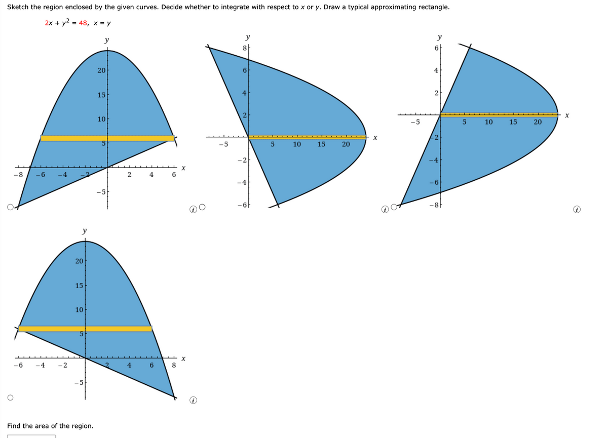 Sketch the region enclosed by the given curves. Decide whether to integrate with respect to x or y. Draw a typical approximating rectangle.
2x + y² = 48, x = y
-8
-6
-4
-6 -4 -2
20
15
10
5
-5
Find the area of the region.
y
20
15
10
-5
2
2
4
4
6
6
8
X
X
-5
y
8
4
2
-4
5
10
15
20
X
-5
6
4
2
-8F
5
10
15
20
X