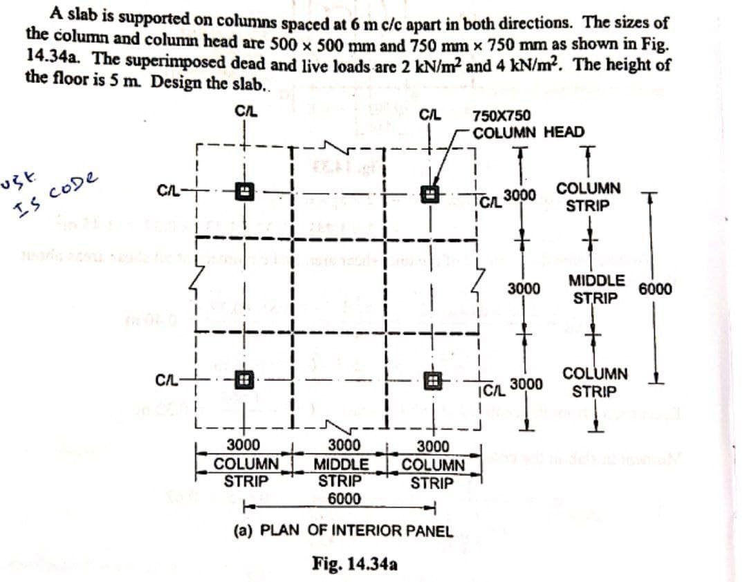 A slab is supported on columns spaced at 6 m c/c apart in both directions. The sizes of
the column and column head are 500 x 500 mm and 750 mm x 750 mm as shown in Fig.
14.34a. The superimposed dead and live loads are 2 kN/m² and 4 kN/m². The height of
the floor is 5 m. Design the slab..
C/L
C/L
750X750
COLUMN HEAD
1
ust
IS CODE
TC 3000
-----------
3000
#
3000
3000
3000
COLUMN
3000
MIDDLE
COLUMN
STRIP
STRIP
STRIP
6000
(a) PLAN OF INTERIOR PANEL
Fig. 14.34a
CAL
CAL+
1
ICAL
COLUMN
STRIP
MIDDLE
STRIP
COLUMN
STRIP
6000