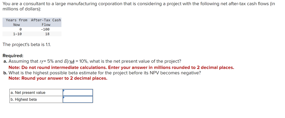 You are a consultant to a large manufacturing corporation that is considering a project with the following net after-tax cash flows (in
millions of dollars):
Years from After-Tax Cash
Now
Flow
-100
18
0
1-10
The project's beta is 1.1.
Required:
a. Assuming that rf= 5% and E(M) = 10%, what is the net present value of the project?
Note: Do not round intermediate calculations. Enter your answer in millions rounded to 2 decimal places.
b. What is the highest possible beta estimate for the project before its NPV becomes negative?
Note: Round your answer to 2 decimal places.
a. Net present value
b. Highest beta
