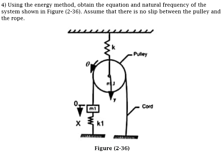 4) Using the energy method, obtain the equation and natural frequency of the
system shown in Figure (2-36). Assume that there is no slip between the pulley and
the rope.
Pulley
Cord
ml
x k1
Figure (2-36)
