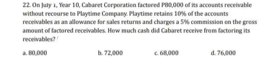 22. On July 1, Year 10, Cabaret Corporation factored P80,000 of its accounts receivable
without recourse to Playtime Company. Playtime retains 10% of the accounts
receivables as an allowance for sales returns and charges a 5% commission on the gross
amount of factored receivables. How much cash did Cabaret receive from factoring its
receivables?
a. 80,000
b. 72,000
c. 68,000
d. 76,000

