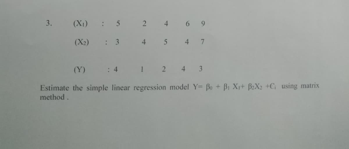 3.
(X1)
4
9.
(X2)
:
4
4
7.
(Y)
: 4
1
4.
Estimate the simple linear regression model Y= Bo + B1 Xi+ B2X2 +C using matrix
method.
3.
2.
2.
3.
