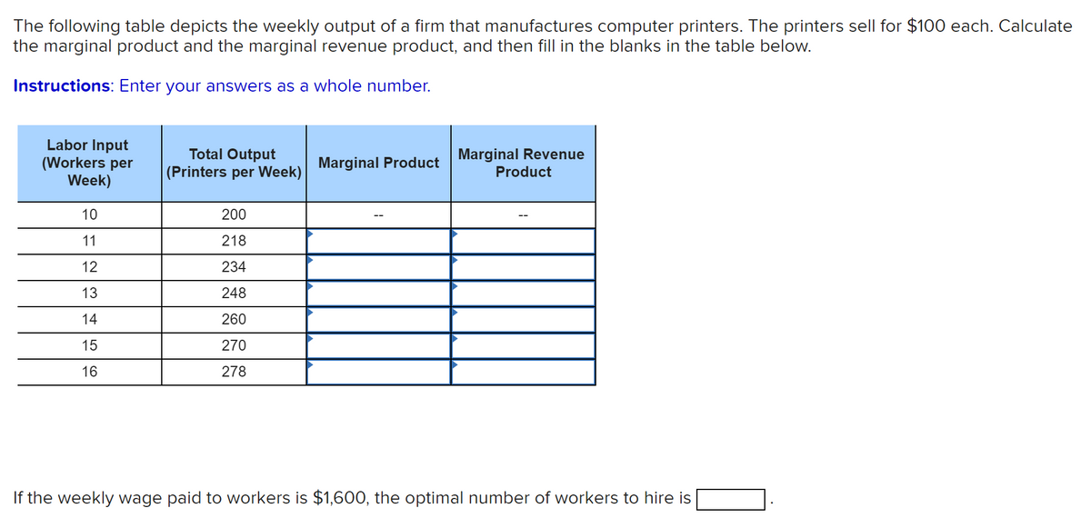 The following table depicts the weekly output of a firm that manufactures computer printers. The printers sell for $100 each. Calculate
the marginal product and the marginal revenue product, and then fill in the blanks in the table below.
Instructions: Enter your answers as a whole number.
Labor Input
(Workers per
Week)
Total Output
Marginal Revenue
Product
Marginal Product
|(Printers per Week)
10
200
11
218
12
234
13
248
14
260
15
270
16
278
If the weekly wage paid to workers is $1,600, the optimal number of workers
hire is
