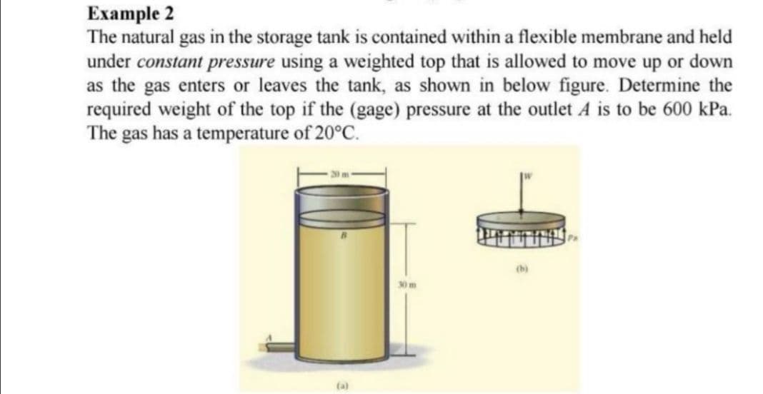 Еxample 2
The natural gas in the storage tank is contained within a flexible membrane and held
under constant pressure using a weighted top that is allowed to move up or down
as the gas enters or leaves the tank, as shown in below figure. Determine the
required weight of the top if the (gage) pressure at the outlet A is to be 600 kPa.
The gas has a temperature of 20°C.
(b)
30m
(a)
