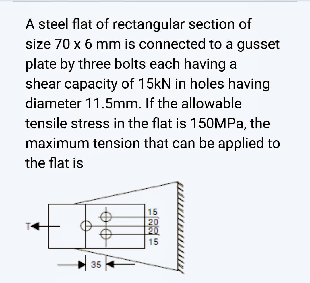 A steel flat of rectangular section of
size 70 x 6 mm is connected to a gusset
plate by three bolts each having a
shear capacity of 15kN in holes having
diameter 11.5mm. If the allowable
tensile stress in the flat is 150MPa, the
maximum tension that can be applied to
the flat is
T4
35
15
1221
5885
20
20
15