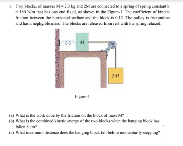 1. Two blocks, of masses M = 2.3 kg and 2M are connected to a spring of spring constant k
= 180 N/m that has one end fixed, as shown in the Figure-1. The coefficient of kinetic
friction between the horizontal surface and the block is 0.12. The pulley is frictionless
and has a negligible mass. The blocks are released from rest with the spring relaxed.
M
2M
Figure-1
(a) What is the work done by the friction on the block of mass M?
(b) What is the combined kinetic energy of the two blocks when the hanging block has
fallen 8 cm?
(c) What maximum distance does the hanging block fall before momentarily stopping?
