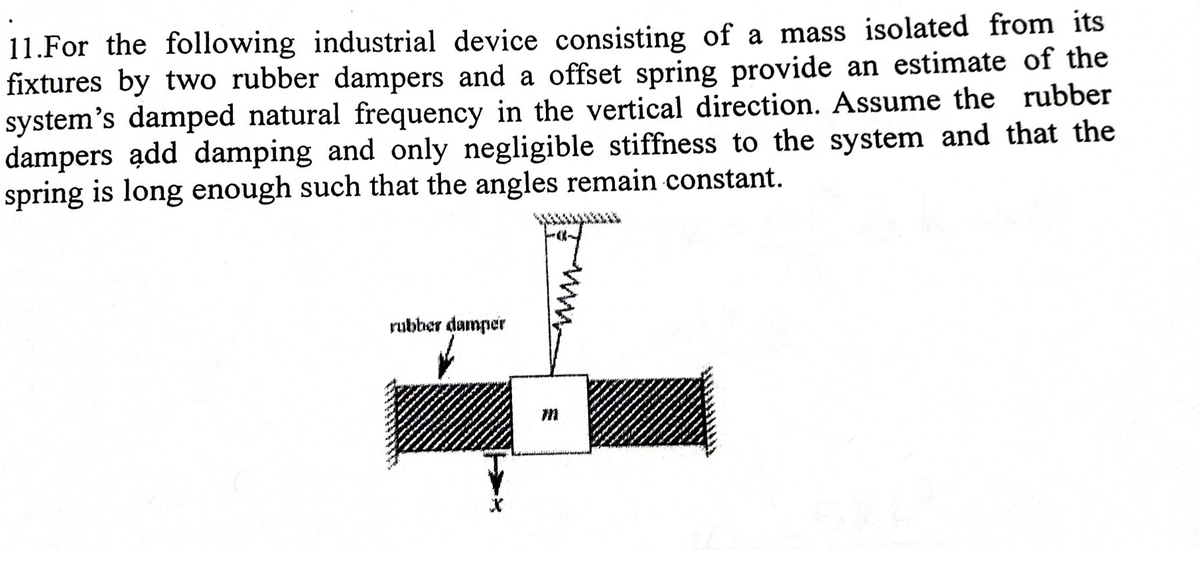 11.For the following industrial device consisting of a mass isolated from its
fixtures by two rubber dampers and a offset spring provide an estimate of the
system's damped natural frequency in the vertical direction. Assume the rubber
dampers add damping and only negligible stiffness to the system and that the
spring is long enough such that the angles remain constant.
rubber damper
