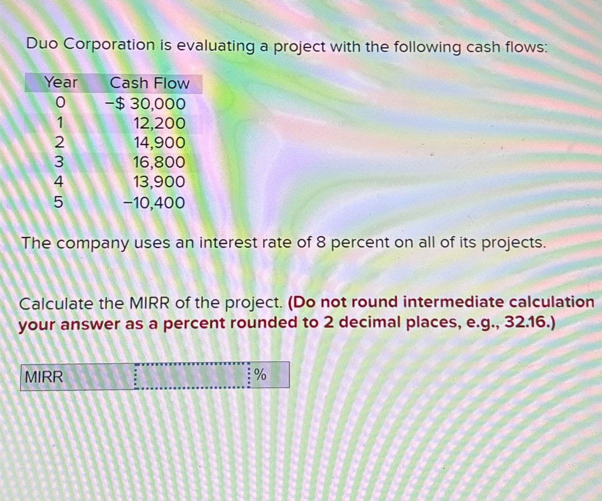 Duo Corporation is evaluating a project with the following cash flows:
Year
Cash Flow
-$ 30,000
012345
12,200
14,900
16,800
13,900
-10,400
The company uses an interest rate of 8 percent on all of its projects.
Calculate the MIRR of the project. (Do not round intermediate calculation
your answer as a percent rounded to 2 decimal places, e.g., 32.16.)
MIRR
%