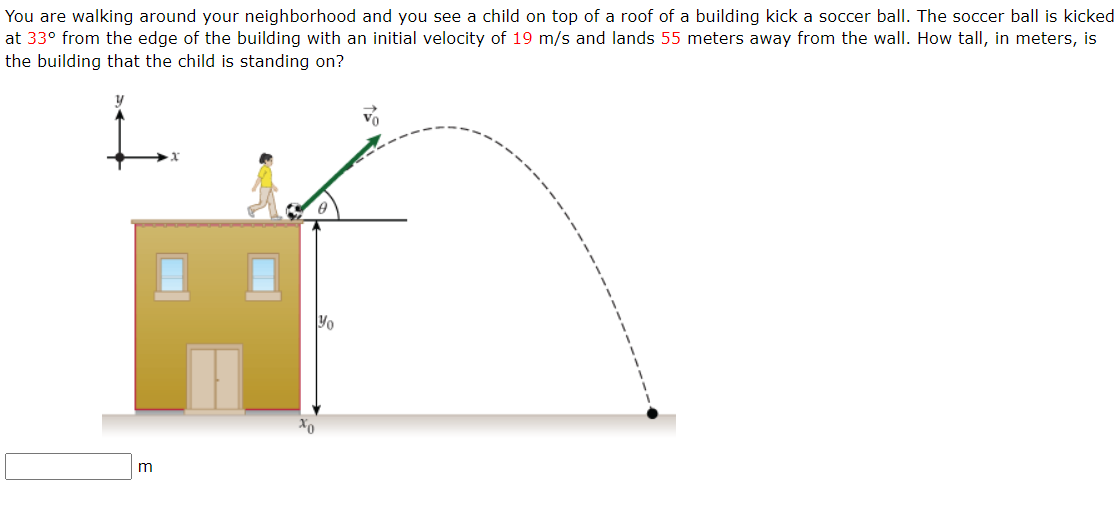 You are walking around your neighborhood and you see a child on top of a roof of a building kick a soccer ball. The soccer ball is kicked
at 33° from the edge of the building with an initial velocity of 19 m/s and lands 55 meters away from the wall. How tall, in meters, is
the building that the child is standing on?
y
m
20