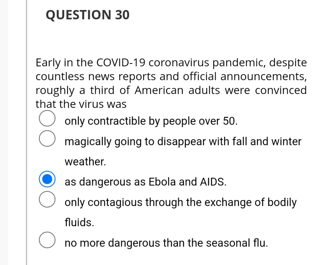 QUESTION 30
Early in the COVID-19 coronavirus pandemic, despite
countless news reports and official announcements,
roughly a third of American adults were convinced
that the virus was
only contractible by people over 50.
magically going to disappear with fall and winter
weather.
as dangerous as Ebola and AIDS.
only contagious through the exchange of bodily
fluids.
no more dangerous than the seasonal flu.