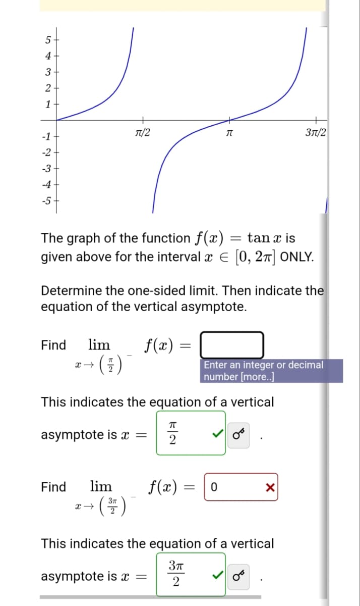 5
4 -
3 .
2 -
1-
-1
T/2
Зл/2
-2
-3
-4
-5 -
The graph of the function f(x) = tan x is
given above for the interval x E (0, 27] ONLY.
Determine the one-sided limit. Then indicate the
equation of the vertical asymptote.
Find
lim
f(x) =
Enter an integer or decimal
number [more..]
This indicates the equation of a vertical
asymptote is x =
Find
lim
f(x) =
→ (부)
37
This indicates the equation of a vertical
asymptote is x =
2
