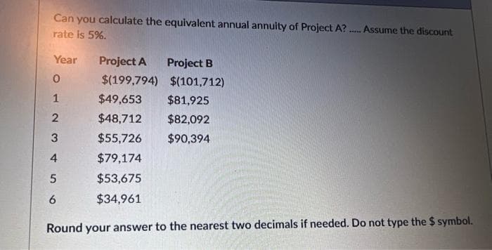 Can you calculate the equivalent annual annuity of Project A? .
rate is 5%.
Assume the discount
Year
Project A
Project B
$(199,794) $(101,712)
1
$49,653
$81,925
$48,712
$82,092
$55,726
$90,394
4
$79,174
$53,675
$34,961
Round your answer to the nearest two decimals if needed. Do not type the $ symbol.
