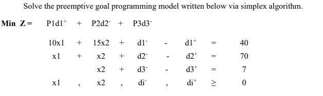 Solve the preemptive goal programming model written below via simplex algorithm.
Min Z=
Pldl*
P2d2- +
P3d3-
10x1
+
15x2
dl-
dl+
40
x1
x2
d2-
d2+
70
x2
d3-
d3+
7
х1
х2
di
di*
AI
