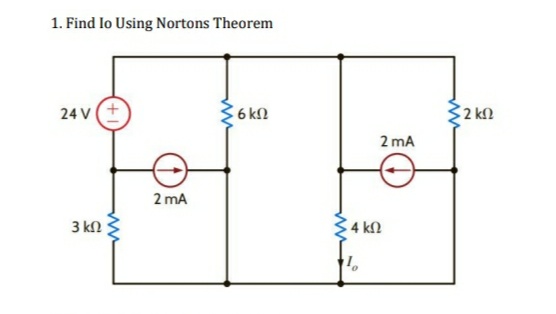 1. Find lo Using Nortons Theorem
24 V(+
36 kn
2 kn
2 mA
2 mA
3 k2
4 kN
