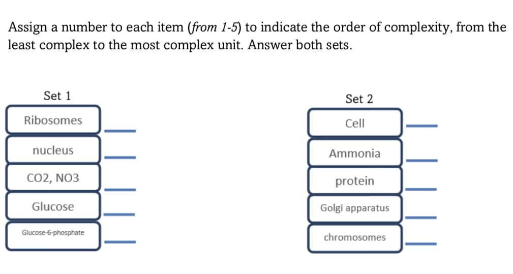 Assign a number to each item (from 1-5) to indicate the order of complexity, from the
least complex to the most complex unit. Answer both sets.
Set 1
Ribosomes
nucleus
CO2, NO3
Glucose
Glucose-6-phosphate
Set 2
Cell
Ammonia
protein
Golgi apparatus
chromosomes