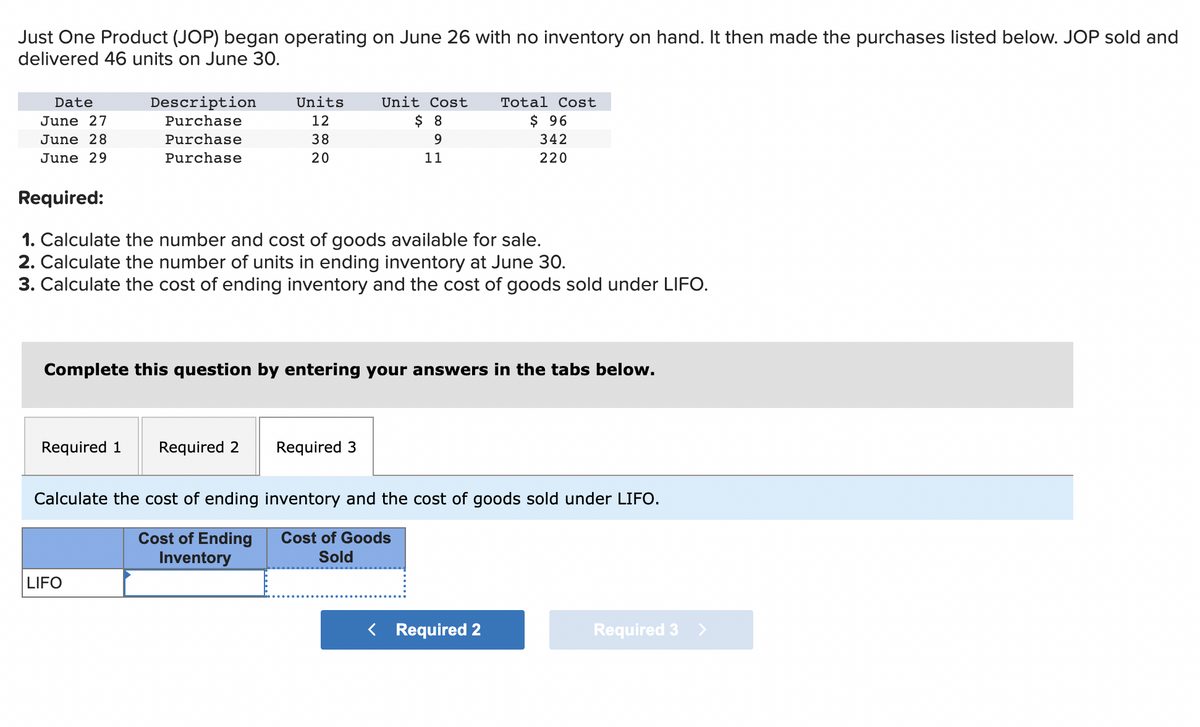 Just One Product (JOP) began operating on June 26 with no inventory on hand. It then made the purchases listed below. JOP sold and
delivered 46 units on June 30.
Date
June 27
June 28
June 29
Description
Purchase
Purchase
Purchase
Units
12
38
20
Required 1 Required 2
Required:
1. Calculate the number and cost of goods available for sale.
2. Calculate the number of units in ending inventory at June 30.
3. Calculate the cost of ending inventory and the cost of goods sold under LIFO.
LIFO
Unit Cost
$ 8
9
11
Complete this question by entering your answers in the tabs below.
Required 3
Total Cost
$ 96
342
220
Calculate the cost of ending inventory and the cost of goods sold under LIFO.
Cost of Ending
Inventory
Cost of Goods
Sold
< Required 2
Required 3 >