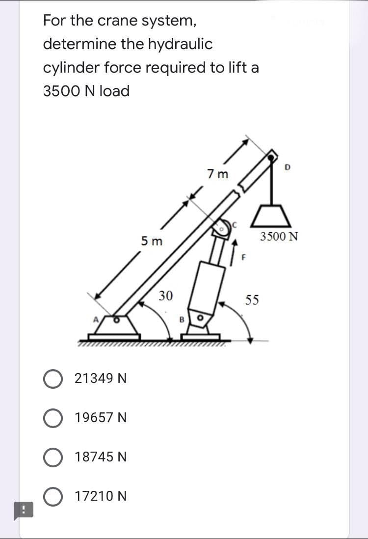 For the crane system,
determine the hydraulic
cylinder force required to lift a
3500 N load
7m
5 m
21349 N
19657 N
O 18745 N
O 17210 N
30
B
55
3500 N