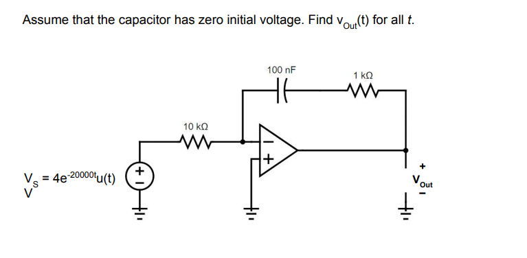 Assume that the capacitor has zero initial voltage. Find Yout(t) for all t.
V =4e-20000tu(t)
10 ΚΩ
www
100 nF
H6
+
1 ΚΩ
+1₁
Vout