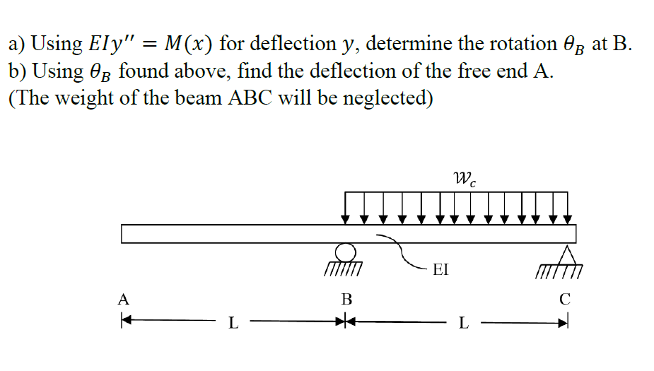 a) Using Ely" = M(x) for deflection y, determine the rotation ØÅ at B.
b) Using OB found above, find the deflection of the free end A.
(The weight of the beam ABC will be neglected)
A
|
L
B
EI
Wc
L
C