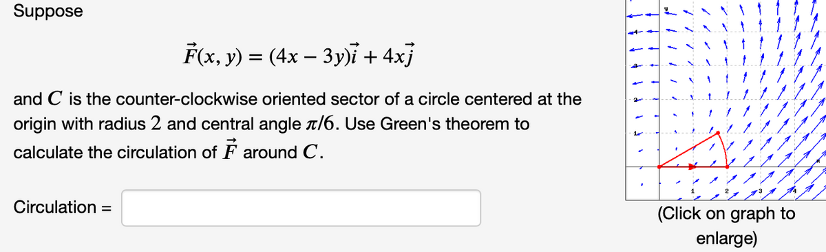 Suppose
F(x, y) 3 (4х — 3у)ї + 4xj
and C is the counter-clockwise oriented sector of a circle centered at the
origin with radius 2 and central angle t/6. Use Green's theorem to
calculate the circulation of F around C.
Circulation
%3D
(Click on graph to
enlarge)

