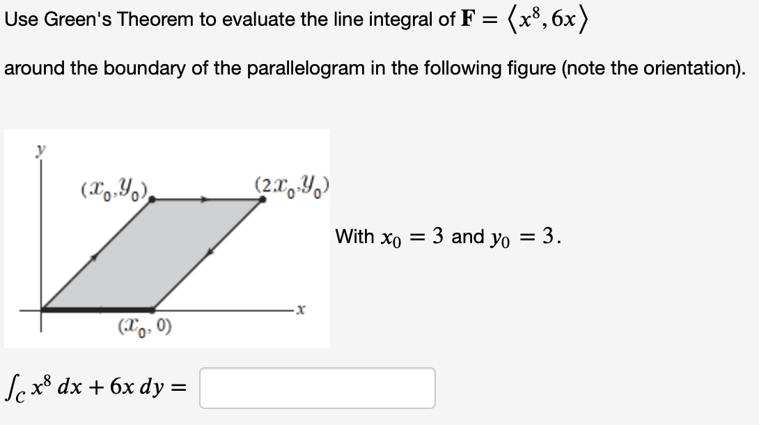 Use Green's Theorem to evaluate the line integral of F = (x°, 6x)
around the boundary of the parallelogram in the following figure (note the orientation).
(L9.4,),
With xo
3 and yo = 3.
(Xo. 0)
Scx8 dx + 6x dy =

