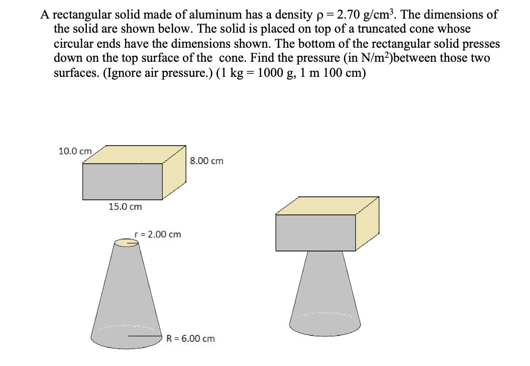 A rectangular solid made of aluminum has a density p= 2.70 g/cm³. The dimensions of
the solid are shown below. The solid is placed on top of a truncated cone whose
circular ends have the dimensions shown. The bottom of the rectangular solid
down on the top surface of the cone. Find the pressure (in N/m²)between those two
surfaces. (Ignore air pressure.) (1 kg = 1000 g, 1 m 100 cm)
presses
10.0 cm
8.00 cm
15.0 cm
r= 2.00 cm
R = 6.00 cm
