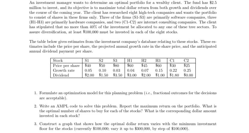 An investment manager wants to determine an optimal portfolio for a wealthy client. The fund has $2.5
million to invest, and its objective is to maximize total dollar return from both growth and dividiends over
the course of the coming year. The client has researched eight high-tech companies and wants the portfolio
to consist of shares in these firms only. Three of the firms (S1-S3) are primarily software companies, three
(H1-H3) are primarily hardware companies, and two (C1-C2) are internet consulting companies. The client
has stipulated that no more than 40% of the investment be allocated to any one of these tree sectors. To
assure diversification, at least $100,000 must be invested in each of the eight stocks.
The table below gives estimates from the investment company's database relating to these stocks. These es-
timates include the price per share, the projected annual growth rate in the share price, and the anticipated
annual dividend payment per share.
Stock
Price per share
Growth rate
Dividend
$1
S2
$40
S3 H1 H2 H3 C1 C2
$50 $80 $60 $45 $60 $30 $25
0.05 0.10 0.03 0.04 0.07 0.15 0.22 0.25
$2.00 $1.50 $3.50 $3.00 $2.00 $1.00 $1.80 $0.00
1. Formulate an optimization model for this planning problem (i.e., fractional outcomes for the decisions
are acceptable).
2. Write an AMPL code to solve this problem. Report the maximum return on the portfolio. What is
the optimal number of shares to buy for each of the stocks? What is the corresponding dollar amount
invested in each stock?
3. Construct a graph that shows how the optimal dollar return varies with the minimum investment
floor for the stocks (currently $100,000; vary it up to $300,000, by step of $100,000).