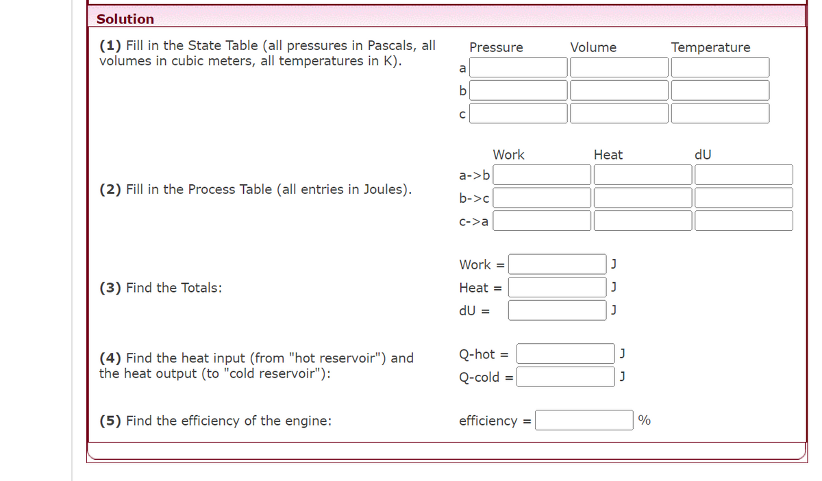 Solution
(1) Fill in the State Table (all pressures in Pascals, all
volumes in cubic meters, all temperatures in K).
(2) Fill in the Process Table (all entries in Joules).
(3) Find the Totals:
(4) Find the heat input (from "hot reservoir") and
the heat output (to "cold reservoir"):
(5) Find the efficiency of the engine:
a
b
с
Pressure
a->b
b->c
c->a
Work
Work =
Heat =
dU =
Q-hot =
Q-cold
=
efficiency =
Volume
Heat
J
J
J
%
Temperature
du