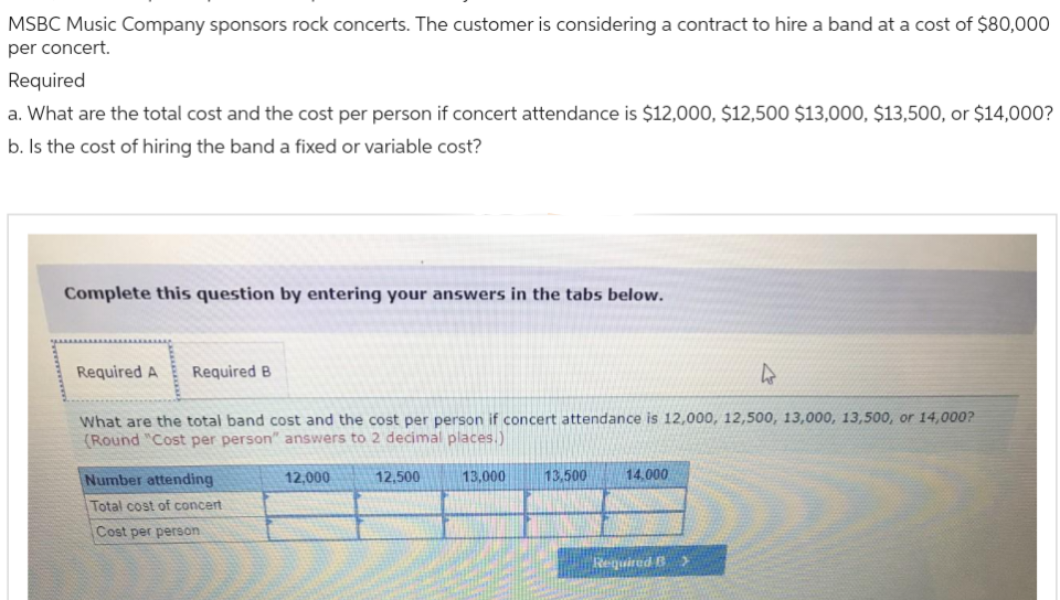 MSBC Music Company sponsors rock concerts. The customer is considering a contract to hire a band at a cost of $80,000
per concert.
Required
a. What are the total cost and the cost per person if concert attendance is $12,000, $12,500 $13,000, $13,500, or $14,000?
b. Is the cost of hiring the band a fixed or variable cost?
Complete this question by entering your answers in the tabs below.
Required A Required B
t
What are the total band cost and the cost per person if concert attendance is 12,000, 12,500, 13,000, 13,500, or 14,000?
(Round "Cost per person" answers to 2 decimal places.)
12,000
13,000
Number attending
Total cost of concert
Cost per person
12,500
13,500
14.000
Required B