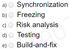 a) O Synchronization
b) O Freezing
c) O Risk analysis
d) O Testing
e) O Build-and-fix
