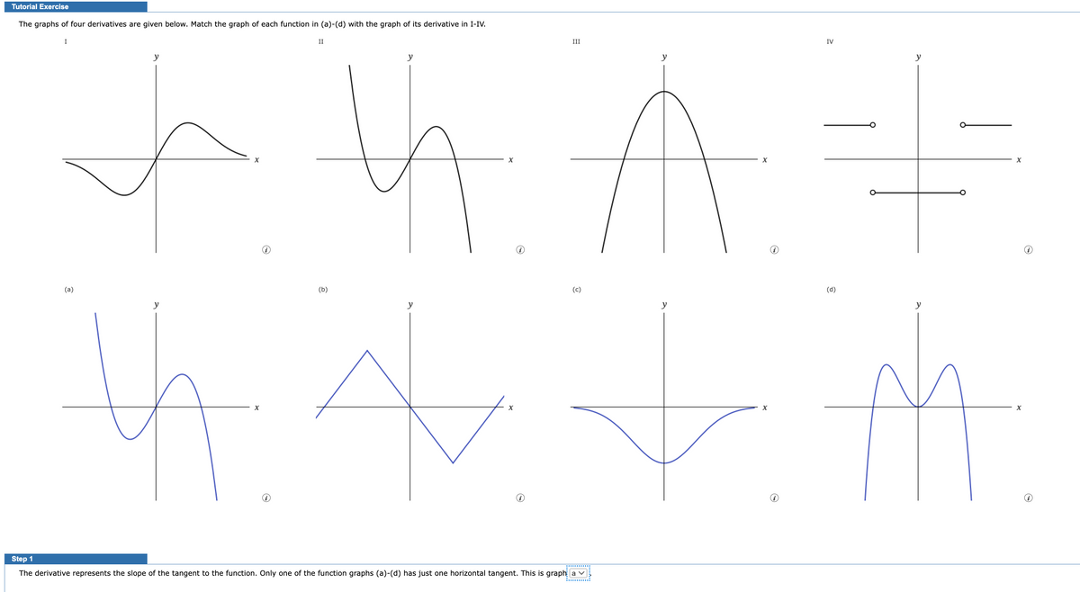 Tutorial Exercise
The graphs of four derivatives are given below. Match the graph of each function in (a)-(d) with the graph of its derivative in I-IV.
I
hh
X
(a)
II
X
(b)
y
X
X
III
(i)
A
(c)
X
Step 1
The derivative represents the slope of the tangent to the function. Only one of the function graphs (a)-(d) has just one horizontal tangent. This is graph a
4 + + m
X
M
IV
i
t
(d)
X
X