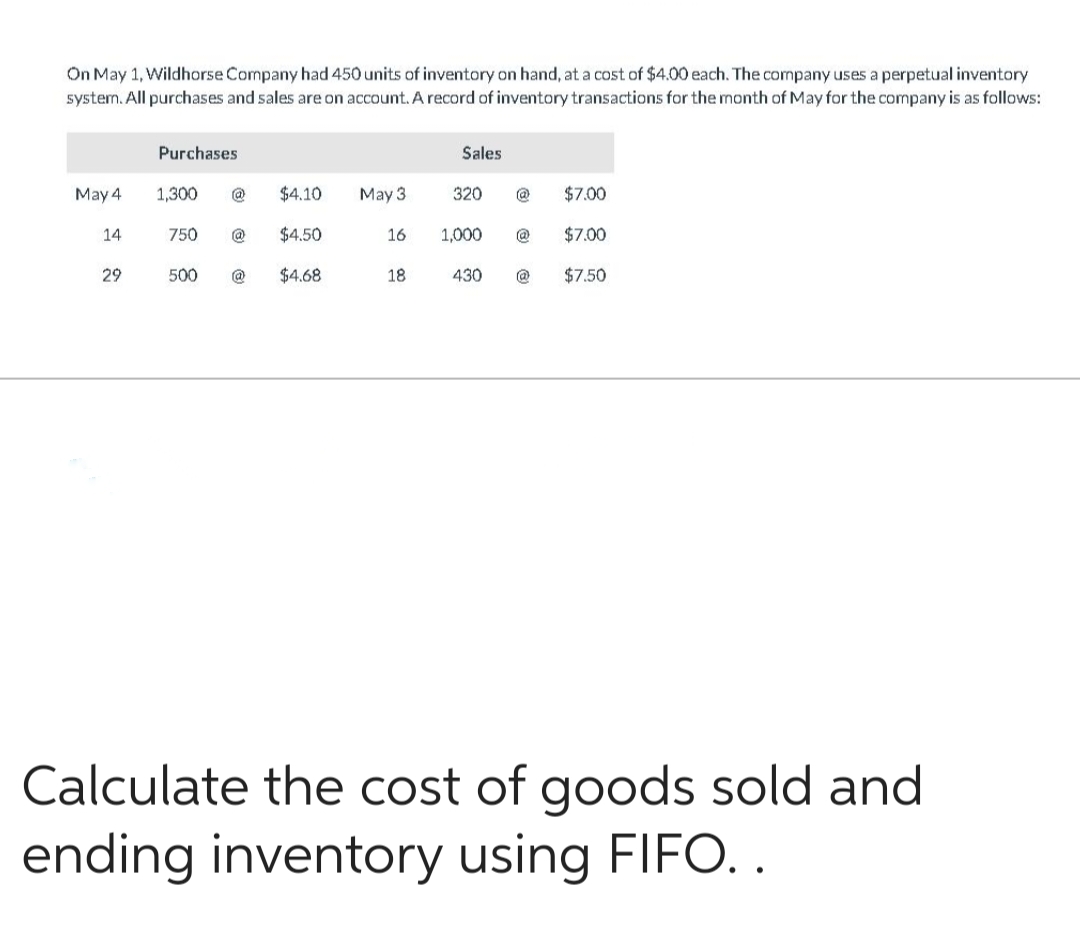 On May 1, Wildhorse Company had 450 units of inventory on hand, at a cost of $4.00 each. The company uses a perpetual inventory
system. All purchases and sales are on account. A record of inventory transactions for the month of May for the company is as follows:
May 4
14
29
Purchases
1,300 @
$4.10
750 @ $4.50
500 @ $4.68
May 3
16
18
Sales
320
1,000
@ $7.00
@ $7.00
430 @ $7.50
Calculate the cost of goods sold and
ending inventory using FIFO..