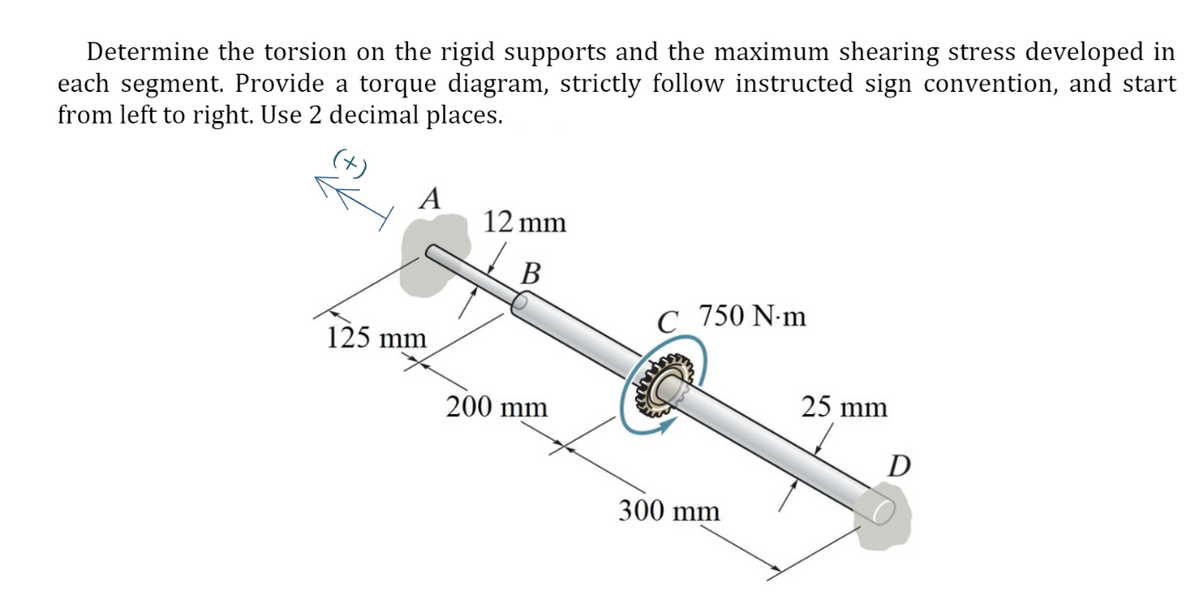 Determine the torsion on the rigid supports and the maximum shearing stress developed in
each segment. Provide a torque diagram, strictly follow instructed sign convention, and start
from left to right. Use 2 decimal places.
A
12 mm
В
с 750 N-m
125 mm
200 mm
25 mm
D
300 mm
