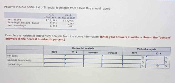 Assume this is a partial list of financial highlights from a Best Buy annual report:
2019
2020
(dollars in millions).
$ 37,580 $ 33,075
1,283
891
2,231
1,318.
Net sales
Earnings before taxes
Net earnings
Complete a horizontal and vertical analysis from the above information. (Enter your answers in millions. Round the "percent"
answers to the nearest hundredth percent.)
Net sales
Earnings before taxes
Net earnings
2020
Horizontal analysis
2019
Increase
Percent
Vertical analysis
2020
%
%
%
2019
+
%
%
%
