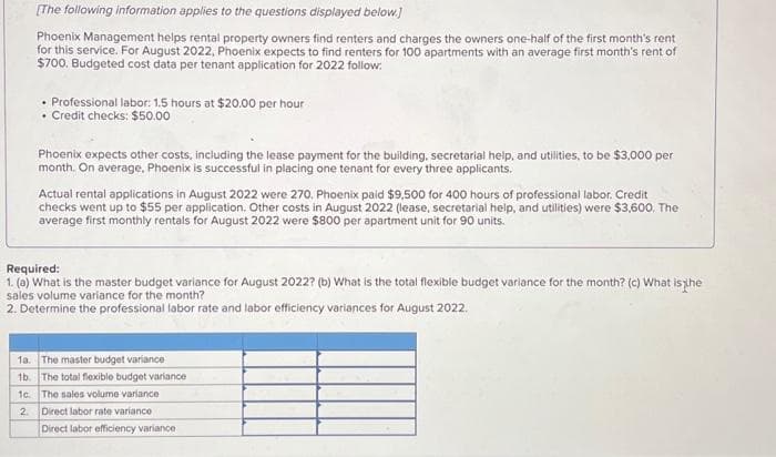 [The following information applies to the questions displayed below.]
Phoenix Management helps rental property owners find renters and charges the owners one-half of the first month's rent
for this service. For August 2022, Phoenix expects to find renters for 100 apartments with an average first month's rent of
$700. Budgeted cost data per tenant application for 2022 follow:
Professional labor: 1.5 hours at $20.00 per hour
Credit checks: $50.00
Phoenix expects other costs, including the lease payment for the building, secretarial help, and utilities, to be $3,000 per
month. On average, Phoenix is successful in placing one tenant for every three applicants.
Actual rental applications in August 2022 were 270. Phoenix paid $9,500 for 400 hours of professional labor. Credit
checks went up to $55 per application. Other costs in August 2022 (lease, secretarial help, and utilities) were $3,600. The
average first monthly rentals for August 2022 were $800 per apartment unit for 90 units.
Required:
1. (a) What is the master budget variance for August 2022? (b) What is the total flexible budget variance for the month? (c) What is the
sales volume variance for the month?
2. Determine the professional labor rate and labor efficiency variances for August 2022.
1a. The master budget variance
1b. The total flexible budget variance
1c.
The sales volume variance
2
Direct labor rate variance
Direct labor efficiency variance