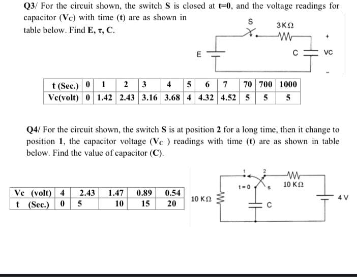 Q3/ For the circuit shown, the switch S is closed at t-0, and the voltage readings for
capacitor (Vc) with time (t) are as shown in
3ΚΩ
table below. Find E, T, C.
E
VC
t (Sec.) 0 1 2 3 4 5 6 7 70 700 1000
Ve(volt) 0 1.42 2.43 3.16 3.68 4 4.32 4.52 5
5
Q4/ For the circuit shown, the switch S is at position 2 for a long time, then it change to
position 1, the capacitor voltage (Vc ) readings with time (t) are as shown in table
below. Find the value of capacitor (C).
10 κΩ
Ve (volt) 4
2.43
1.47 0.89
0.54
10 KO
4 V
t (Sec.) 0 5
10
15
20
