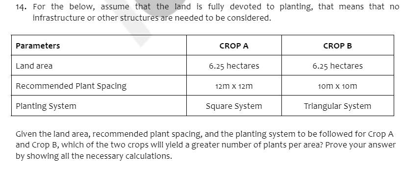 14. For the below, assume that the land is fully devoted to planting, that means that no
infrastructure or other structures are needed to be considered.
Parameters
CROP A
CROP B
Land area
6.25 hectares
6.25 hectares
Recommended Plant Spacing
12m x 12m
10m x 10m
Planting System
Square System
Triangular System
Given the land area, recommended plant spacing, and the planting system to be followed for Crop A
and Crop B, which of the two crops will yield a greater number of plants per area? Prove your answer
by showing all the necessary calculations.
