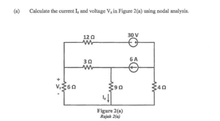 (a)
Calculate the current I, and voltage V, in Figure 2(a) using nodal analysis.
30 V
12 0
6 A
40
Figure 2(a)
Rajah 2(a)
