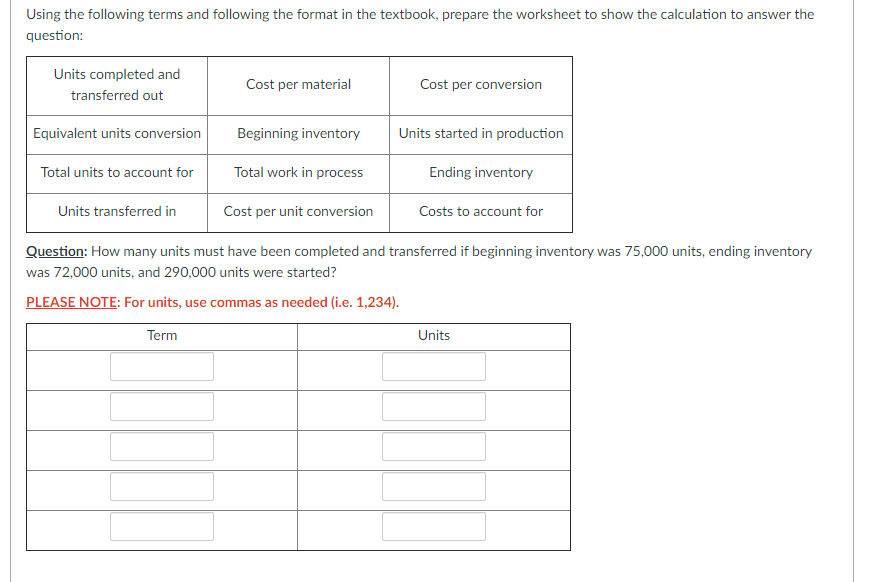 Using the following terms and following the format in the textbook, prepare the worksheet to show the calculation to answer the
question:
Units completed and
Cost per material
Cost per conversion
transferred out
Equivalent units conversion
Beginning inventory
Units started in production
Total units to account for
Total work in process
Ending inventory
Units transferred in
Cost per unit conversion
Costs to account for
Question: How many units must have been completed and transferred if beginning inventory was 75,000 units, ending inventory
was 72,000 units, and 290,000 units were started?
PLEASE NOTE: For units, use commas as needed (i.e. 1,234).
Term
Units
