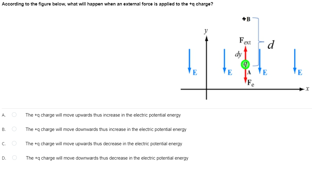 According to the figure below, what will happen when an external force is applied to the +q charge?
+B
y
F
d
ext
dy
E
E
A
E
А.
The +q charge will move upwards thus increase in the electric potential energy
В.
The +q charge will move downwards thus increase in the electric potential energy
C.
The +q charge will move upwards thus decrease in the electric potential energy
D.
The +q charge will move downwards thus decrease in the electric potential energy
