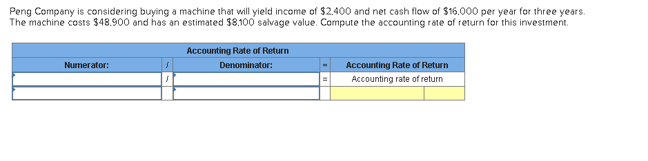 Peng Company is considering buying a machine that will yield income of $2,400 and net cash flow of $16,000 per year for three years.
The machine costs $48,900 and has an estimated $8,100 salvage value. Compute the accounting rate of return for this investment.
Numerator:
Accounting Rate of Return
Denominator:
=
Accounting Rate of Return
Accounting rate of return