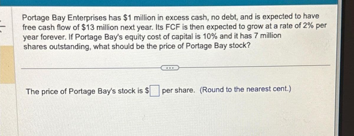 Portage Bay Enterprises has $1 million in excess cash, no debt, and is expected to have
free cash flow of $13 million next year. Its FCF is then expected to grow at a rate of 2% per
year forever. If Portage Bay's equity cost of capital is 10% and it has 7 million
shares outstanding, what should be the price of Portage Bay stock?
The price of Portage Bay's stock is $ per share. (Round to the nearest cent.)