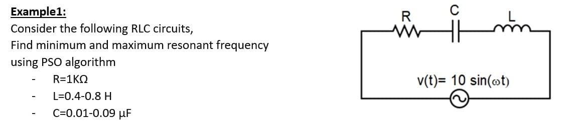 Example1:
Consider the following RLC circuits,
Find minimum and maximum resonant frequency
using PSO algorithm
-
R=1ΚΩ
L=0.4-0.8 H
-
C=0.01-0.09 μF
v(t)= 10 sin(t)