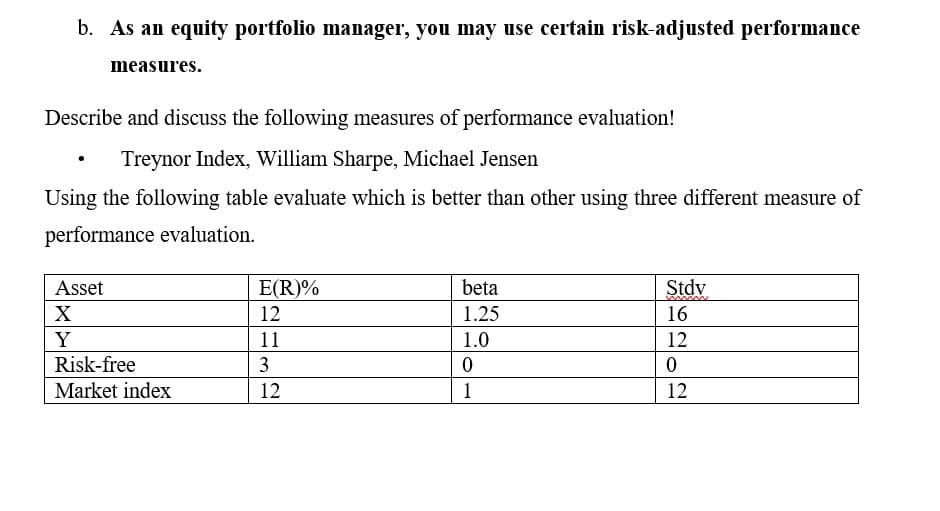 b. As an equity portfolio manager, you may use certain risk-adjusted performance
measures.
Describe and discuss the following measures of performance evaluation!
Treynor Index, William Sharpe, Michael Jensen
Using the following table evaluate which is better than other using three different measure of
performance evaluation.
Asset
X
E(R)%
12
beta
Stdv
1.25
16
Y
11
1.0
12
Risk-free
3
0
0
Market index
12
1
12