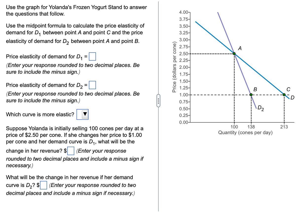 Use the graph for Yolanda's Frozen Yogurt Stand to answer
the questions that follow.
Use the midpoint formula to calculate the price elasticity of
demand for D₁ between point A and point C and the price
elasticity of demand for D₂ between point A and point B.
Price elasticity of demand for D₁ =
(Enter your response rounded to two decimal places. Be
sure to include the minus sign.)
=
Price elasticity of demand for D₂
(Enter your response rounded to two decimal places. Be
sure to include the minus sign.)
Which curve is more elastic?
Suppose Yolanda is initially selling 100 cones per day at a
price of $2.50 per cone. If she changes her price to $1.00
per cone and her demand curve is D₁, what will be the
change in her revenue? $ (Enter your response
rounded to two decimal places and include a minus sign if
necessary.)
What will be the change in her revenue if her demand
curve is D₂? $ (Enter your response rounded to two
decimal places and include a minus sign if necessary.)
C
Price (dollars per cone)
4.00-
3.75-
3.50-
3.25-
3.00-
2.75-
2.50-
2.25-
2.00-
1.75-
1.50-
1.25-
1.00+
0.75-
0.50-
0.25-
0.00-
A
B
D₂
100 138
Quantity (cones per day)
213