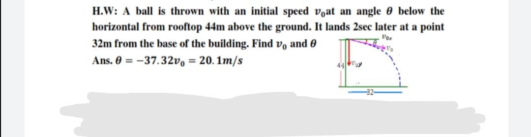 H.W: A ball is thrown with an initial speed voat an angle 0 below the
horizontal from rooftop 44m above the ground. It lands 2sec later at a point
Vor
32m from the base of the building. Find vo and 0
Ans. 0 = -37.32v, = 20. 1m/s
32
