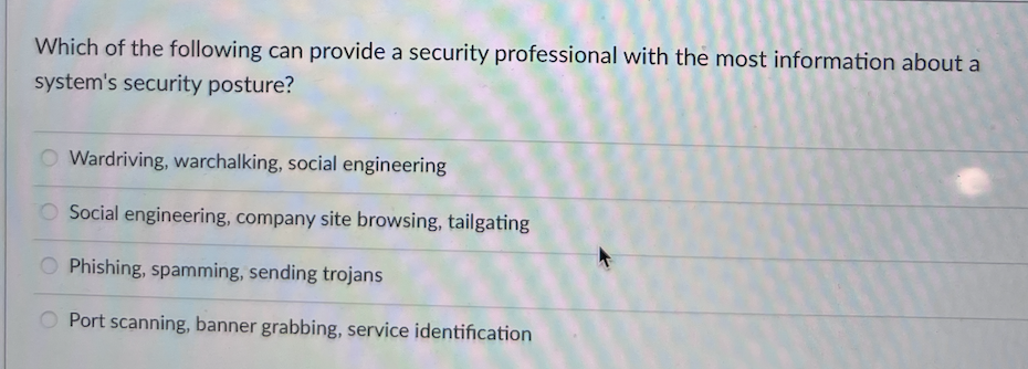 Which of the following can provide a security professional with the most information about a
system's security posture?
O Wardriving, warchalking, social engineering
O Social engineering, company site browsing, tailgating
Phishing, spamming, sending trojans
Port scanning, banner grabbing, service identification
